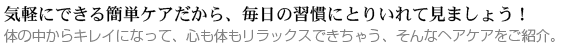 気軽にできる簡単ケアだから、毎日の習慣にとりいれて見ましょう！体の中からキレイになって、心も体もリラックスできちゃう、そんなヘアケアをご紹介。